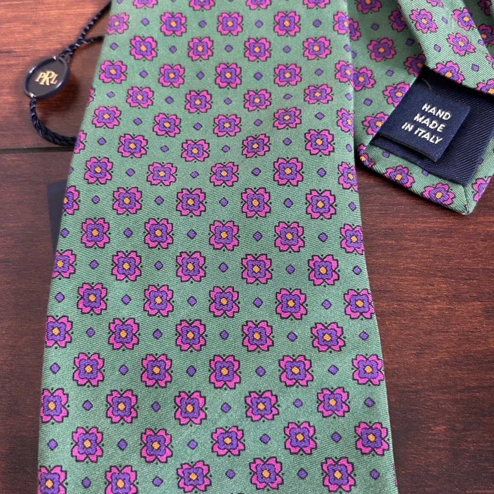 Polo Ralph Lauren Silk Tie Mens OS Green NWT Italian Handmade Floral Geometric